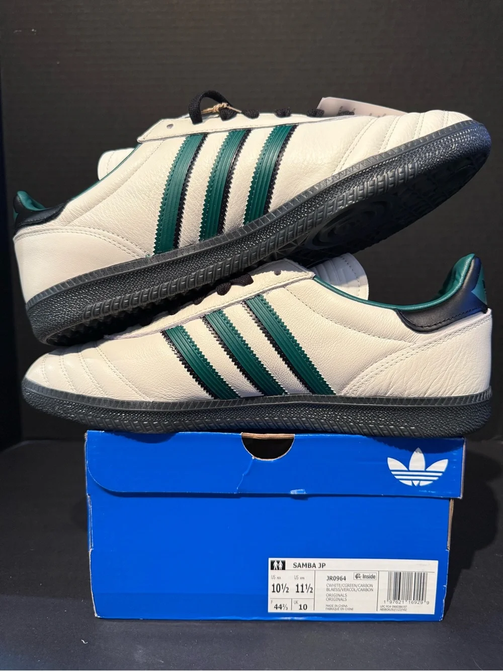 adidas Samba Leather Sneaker - White with Dark Green Stripes and Black Sole